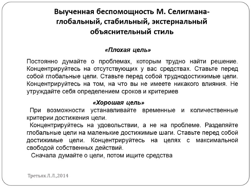 Выученная беспомощность М. Селигмана- глобальный, стабильный, экстернальный объяснительный стиль «Плохая цель»  Постоянно думайте